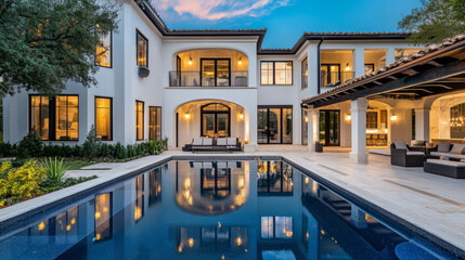 Fototapeta premium Luxurious villa exterior with minimalist design, featuring stunning pool and elegant landscaping, perfect for relaxation and entertainment