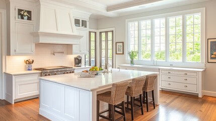 A sophisticated white kitchen interior with polished wooden floors, a stylish island, and top-tier modern appliances