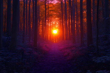 A mystical forest at sunset bathed in deep amethyst hues. The scene captures the enchanting glow of twilight with vibrant purple tones