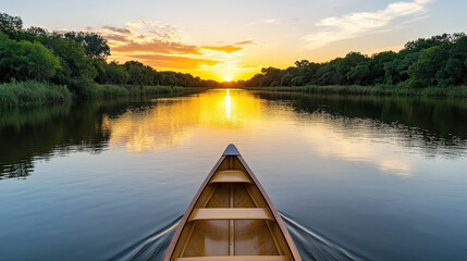 Fototapeta premium peaceful river with small boat gliding at sunset, reflecting nature beauty