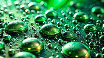 Naklejka premium Macro Photography: Sparkling Green Water Droplets - Vibrant Nature Close-up