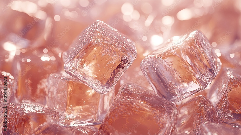 Poster ice cubes glistening in soft light with subtle reflections showcasing refreshing coldness and clarit