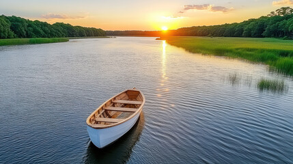 Fototapeta premium peaceful river with small boat gliding at sunset, creating serene atmosphere