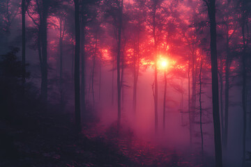 Fototapeta premium A mystical forest at sunset bathed in deep amethyst hues. The scene captures the enchanting glow of twilight with vibrant purple tones