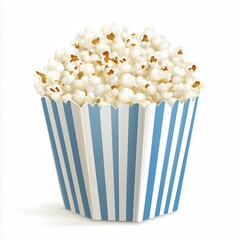 A realistic illustration of a striped popcorn box overflowing with fluffy white popcorn, set against a clean white background, showcasing sharp details and natural texture.