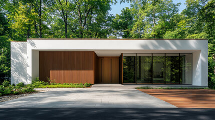 Obraz premium Minimalist home exterior featuring clean white facade, surrounded by lush greenery. design emphasizes simplicity and harmony with nature, creating serene atmosphere