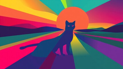 Naklejka premium Colorful Cat Silhouette in Vibrant Landscape
