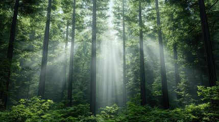 Obraz premium Majestic sequoia grove with gentle mist and sunlight filtering through trees