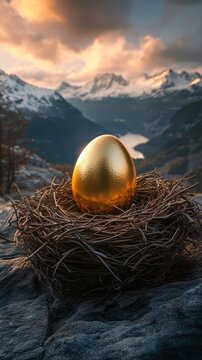 Golden egg resting in bird nest atop rocky mountain summit, glowing during sunset, representing investment success and financial potential
