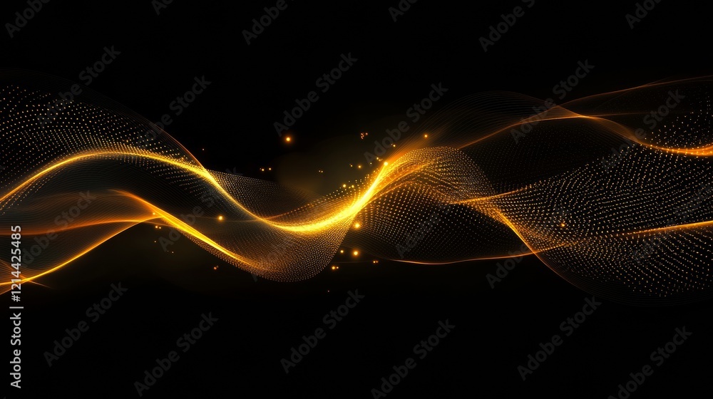 Poster flowing abstract golden digital waves of glowing particles create a mesmerizing display against a de