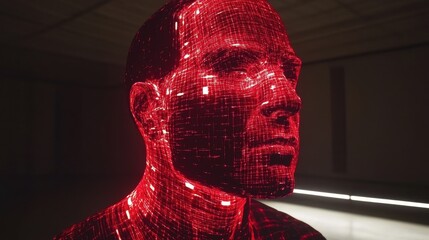 Red illuminated digital human head sculpture. Futuristic art, technology, and innovation concept.