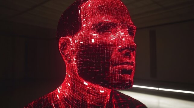 Red illuminated digital human head sculpture. Futuristic art, technology, and innovation concept.