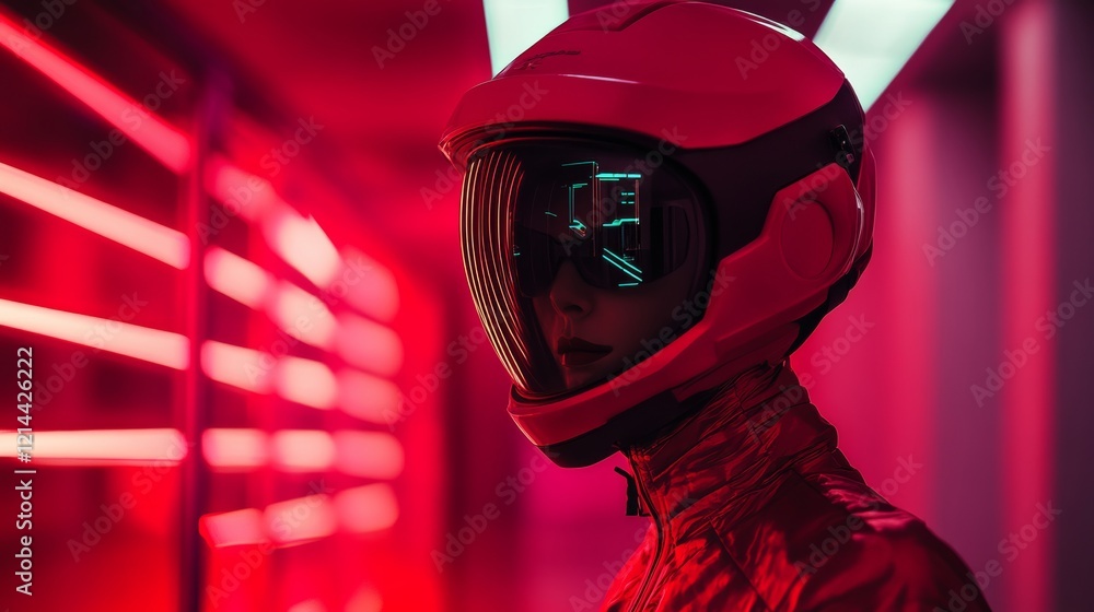 Poster astronaut wearing futuristic helmet with heads up display exploring spaceship corridor lit by red ne