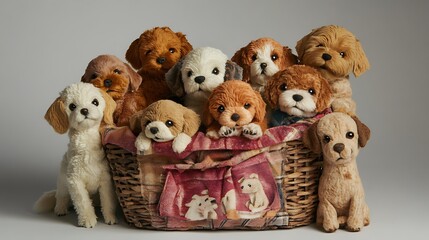 A plush dog family with puppies in a fabric basket
