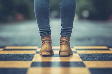 Fototapeta premium Person standing on a checkered crosswalk wearing brown boots and blue jeans on a rainy day
