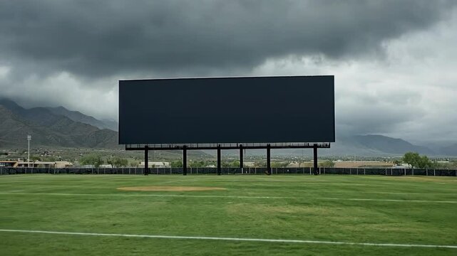 Large empty scoreboard in a grassy sports field under overcast skies