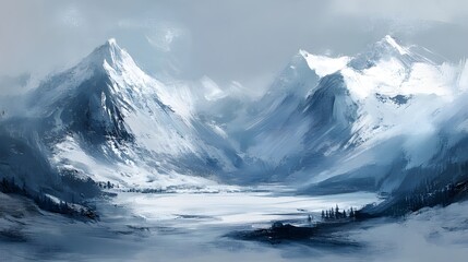 Serene Winter Mountain Landscape  Snowy Peaks  Frozen Lake