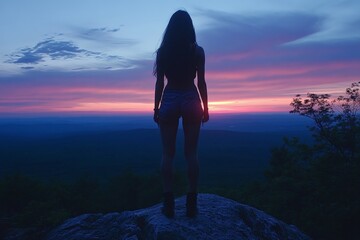Fototapeta premium Woman stands on a rock while watching the sunset over rolling hills in a tranquil evening setting