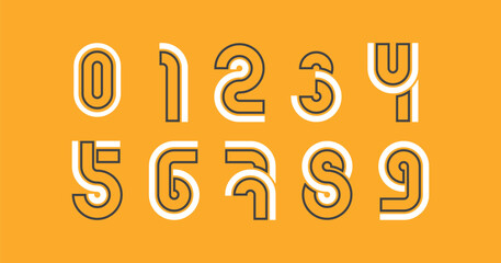Flat line font. Latin alphabet numbers from 0 to 9. Signs in line flat style. Cute modern capital numbers. Vector trendy flat line figures yellow background