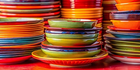 Macro Shot: Stacked Ceramic Dishes, Slightly Off-Kilter, Red Background