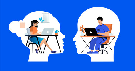 Man and woman working online.