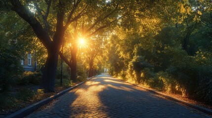 Obraz premium Sunlit autumn park path, sunrise, cobblestones, foliage, tranquil scene, travel