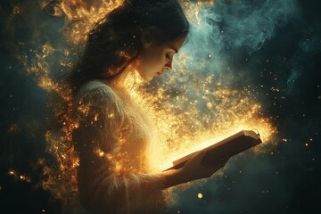 Woman reading a glowing book surrounded by light and smoke in a mystical atmosphere