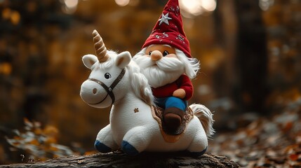 A plush gnome riding a unicorn shaped stuffed animal