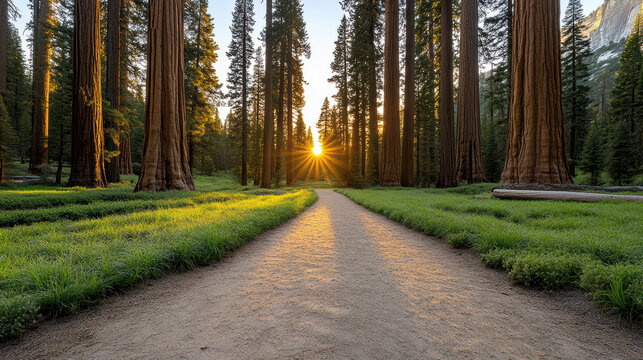 serene path through sequoia forest at sunset, surrounded by tall trees