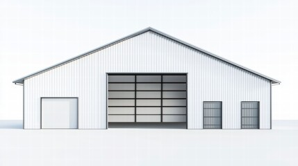 Obraz premium Modern Industrial Building: A sleek and contemporary industrial building with a large overhead door, showcasing its efficient design and practical functionality. 