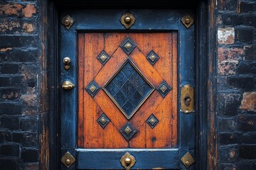 Fototapeta premium Unique wooden door with geometric design and metal accents blends history with modern aesthetics in an urban setting