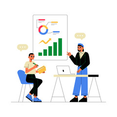 Male And Female Marketers Discussing Growth Charts In Flat Vector Illustration Symbolizing Marketing Brainstorm, Planning, And Strategy, Isolated On White Background.