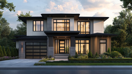 Obraz premium Modern suburban home with two tone facade, featuring large windows and landscaped front yard. elegant design showcases blend of contemporary architecture and natural surroundings