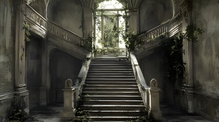 Obraz premium Overgrown Grand Staircase in Abandoned Mansion