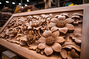 Intricate wooden floral carving displayed in a workshop highlighting craftsmanship and artistry in woodworking activities
