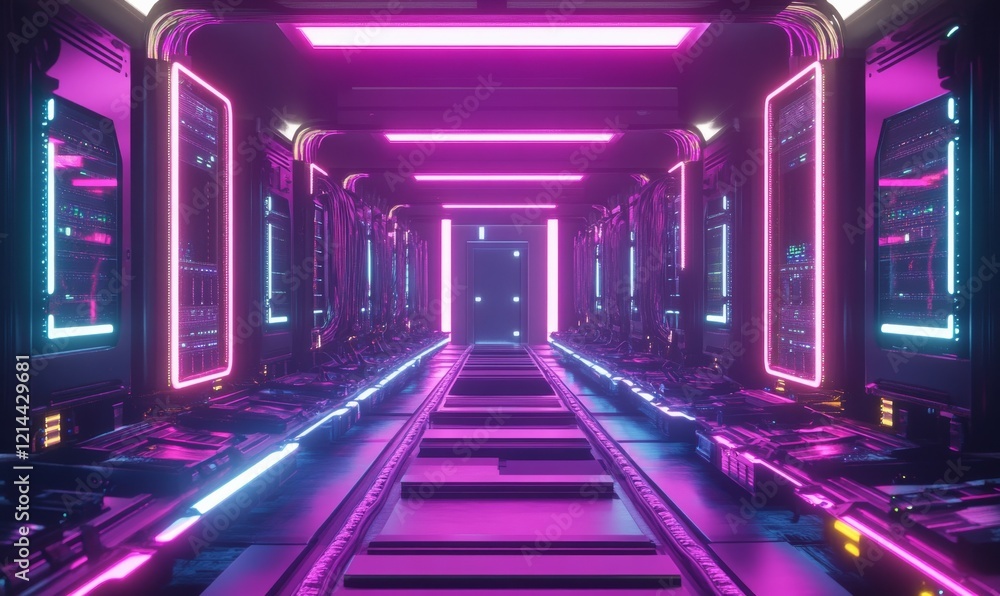 Poster computer server room with neon lights and glowing computer parts. the room is filled with rows of se