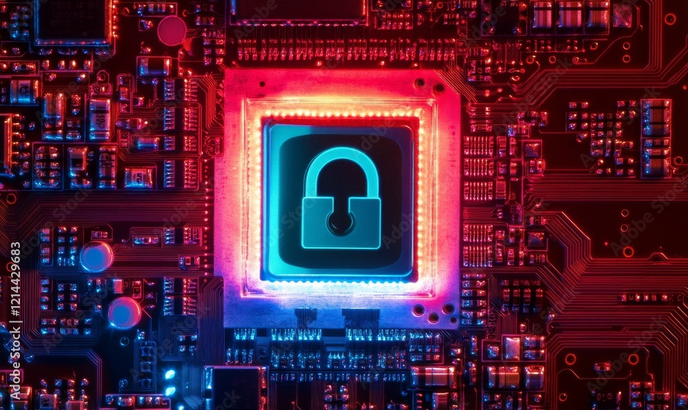 Poster computer chip with a lock on it. the lock is surrounded by a blue and red glow