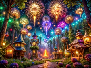 Magical Forest Night: 2025 Fireworks Celebration - Enchanted Architecture