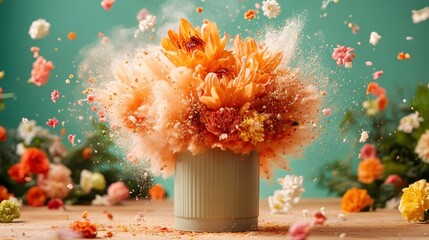 A colorful burst of flowers erupting from a pot, surrounded by floating petals, creating a dynamic and vibrant representation of joy, beauty, and the essence of life.