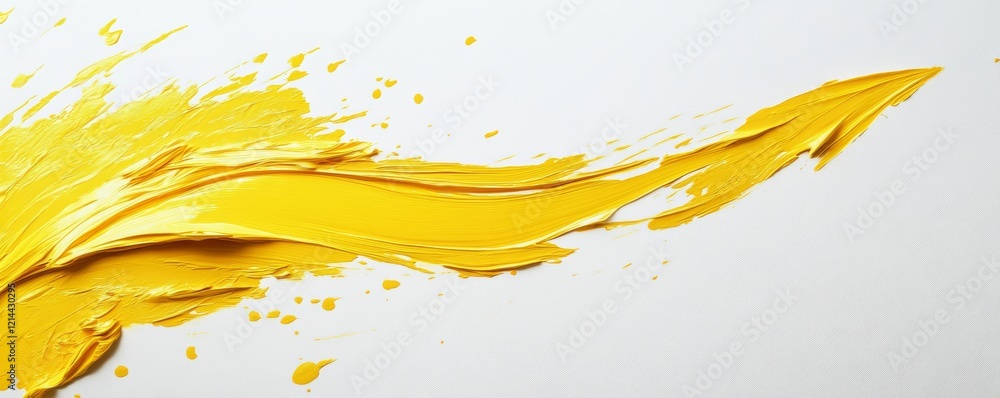 Poster yellow paintbrush creating dynamic lines, splattering across white surface with energetic abstract c