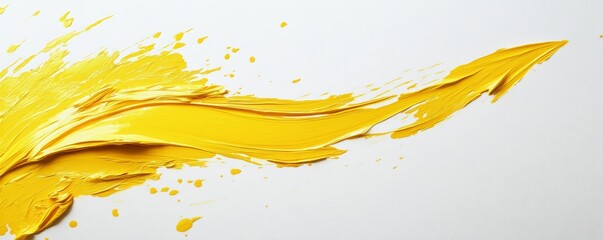 Yellow paintbrush creating dynamic lines, splattering across white surface with energetic abstract composition