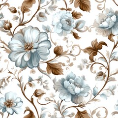 Elegant seamless floral pattern with light blue and brown flowers on white background.