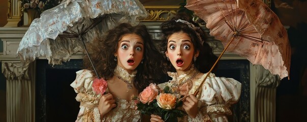 Contemporary poster art collage of two shocked happy girls duchess wear baroque dress hold umbrella wig stand fireplace flowers vase