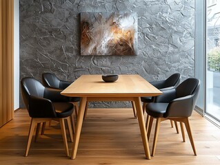 A modern minimalist interior design from a residential dining room with a wooden table and black chairs. Generative AI
