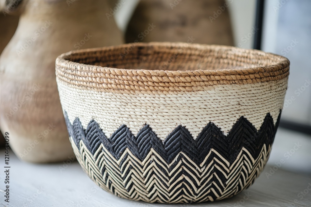 Poster expertly woven basket showcases intricate patterns and traditional craftsmanship in a serene interio