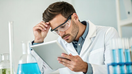 Fototapeta premium researcher adjusting their glasses while looking tablet lab, surrounded by glassware and chemicals, appears focused and
