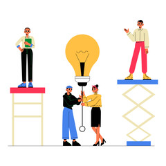 Teamwork With Lightbulb Symbolizing Collaboration, Innovation, And Problem Solving, Flat Vector Illustration Isolated On White Background