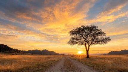 silhouette of tree against fiery sunset sky creates serene atmosphere