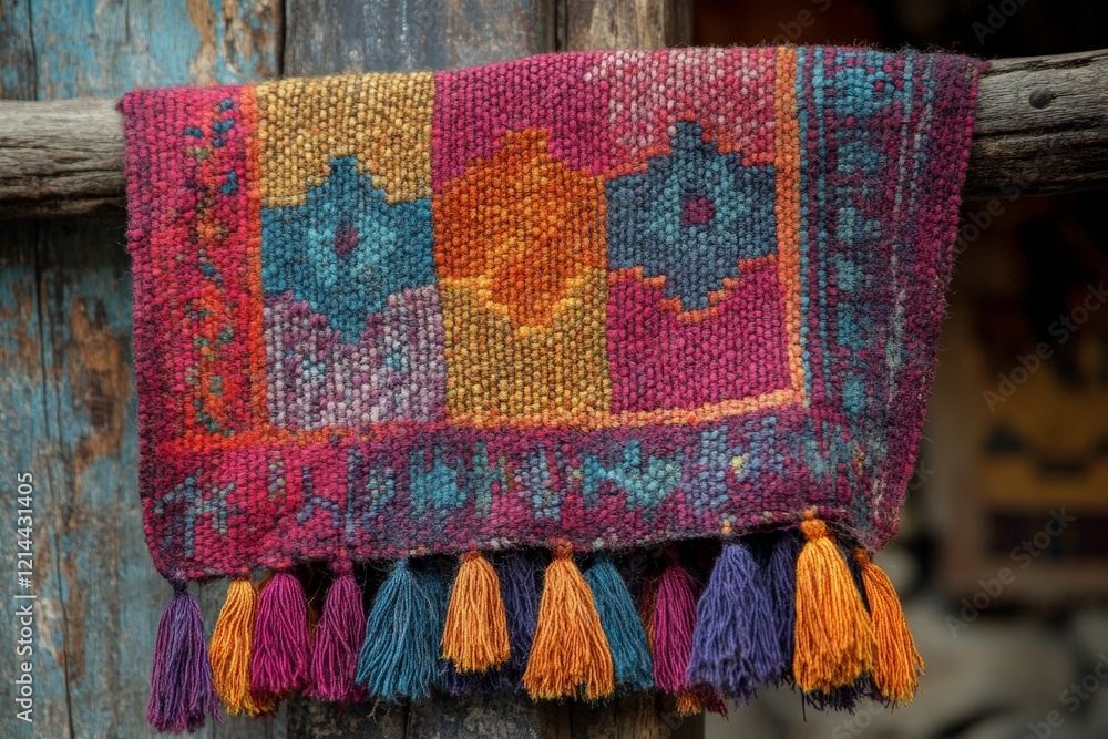 Poster colorful handcrafted textile with intricate patterns displayed on a wooden beam in a traditional set