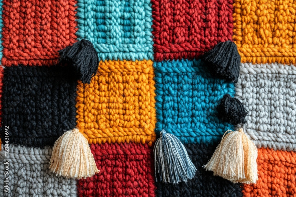 Poster colorful woven textile with decorative tassels in various shades and patterns displayed on a surface
